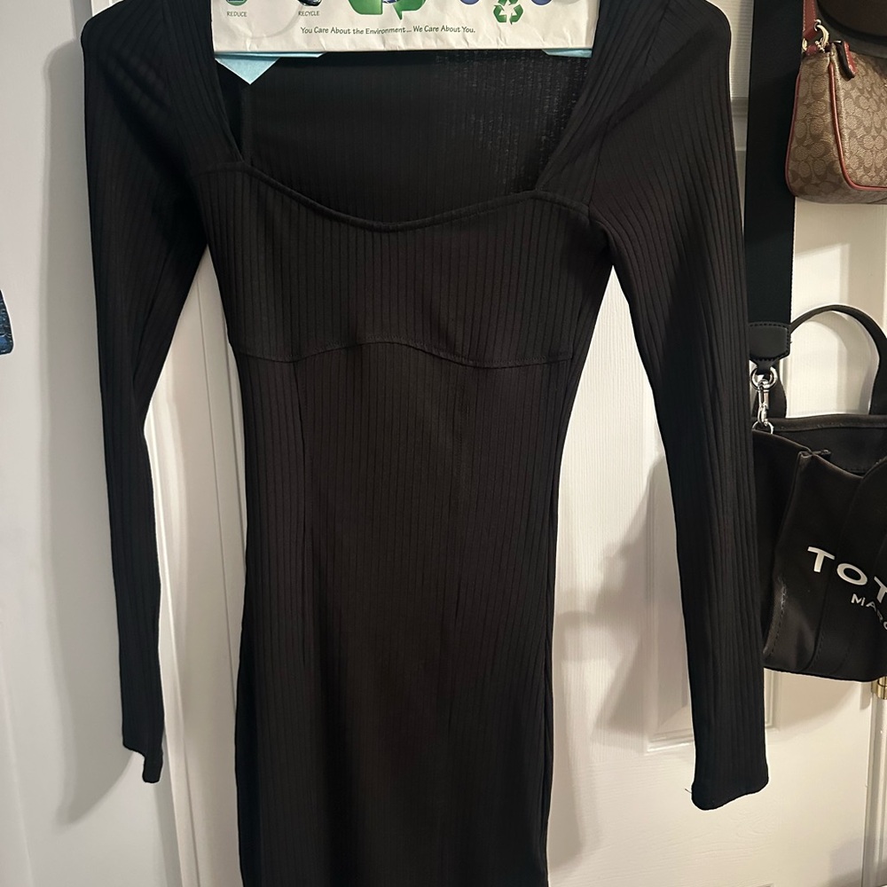 H&M Black Bodycon Mini Dress Scoop Neck Long Sleeve